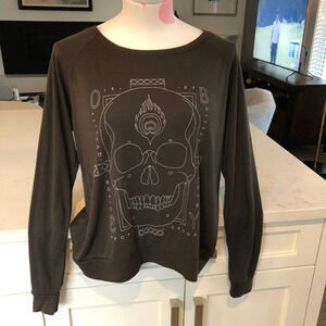 Obey Propaganda Casual Skull Graphic Lg Slv Scp Neck Tshirt Top Brown+Cream Sz S